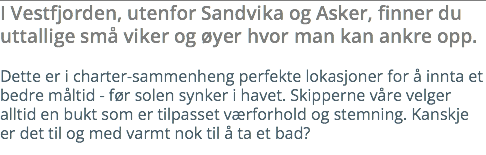 I Vestfjorden, utenfor Sandvika og Asker, finner du uttallige små viker og øyer hvor man kan ankre opp. Dette er i charter-sammenheng perfekte lokasjoner for å innta et bedre måltid - før solen synker i havet. Skipperne våre velger alltid en bukt som er tilpasset værforhold og stemning. Kanskje er det til og med varmt nok til å ta et bad?