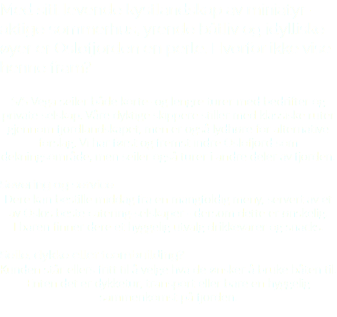 Med sitt levende kystlandskap av miniatyr-aktige sommerhus, yrende båtliv og idylliske øyer er Oslofjorden en perle. Hvorfor ikke vise henne fram? S/S Vega seiler både korte- og lengre turer med bedrifter og private selskap. Våre dyktige skippere stiller med klassiske ruter gjennom fjordlandskapet, men er også lydhøre for alternative forslag. Vi har først og fremst indre Oslofjord som dekningsområde, men seiler også turer i andre deler av fjorden. Severing og service Dere kan bestille middag fra en mangfoldig meny, servert av et av Oslos beste catering-selskaper - dersom dette er ønskelig. I baren finner dere et hyggelig utvalg drikkevarer og snacks. Seile, dykke eller teambuilding? Kunden står ellers fritt til å velge hva de ønsker å bruke båten til. Enten det er dykketur, transport eller bare en hyggelig sammenkomst på fjorden. 